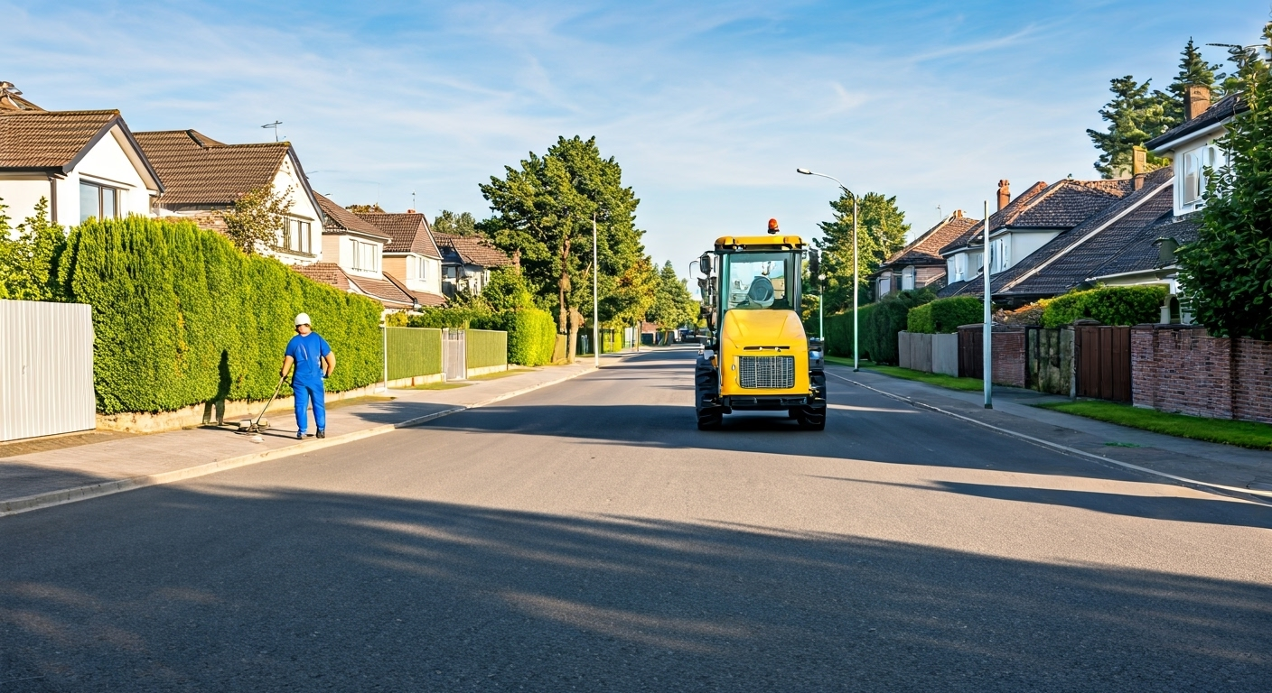 Worker maintaining suburban street
