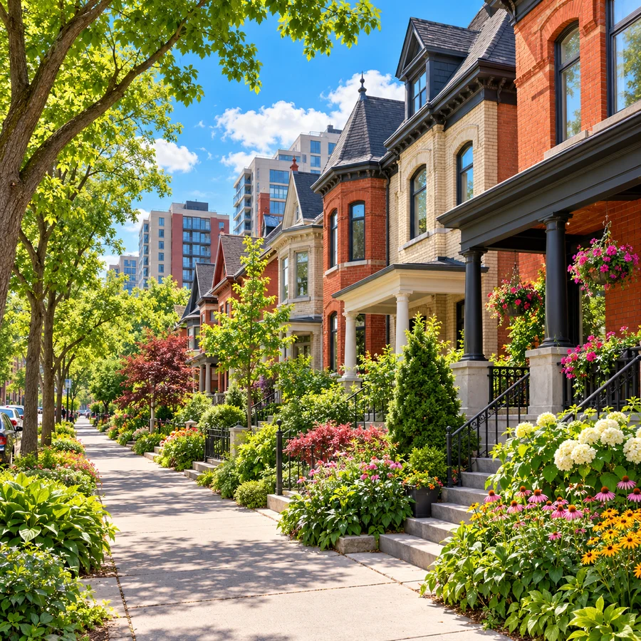 Illustration of brick homes, landscaped gardens and a tree-lined sidewalk in Centretown, Ottawa
