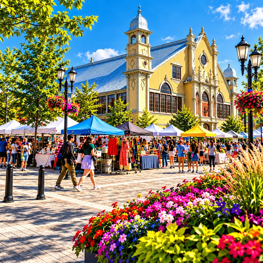 Illustration of an outdoor market beside the Aberdeen Pavilion in the Glebe, Ottawa