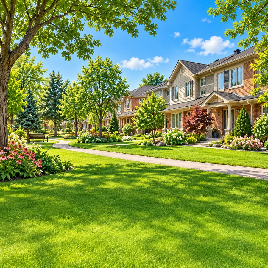 Conceptual illustration of townhouses and a green neighbourhood path, inspired by Greenboro, Ottawa