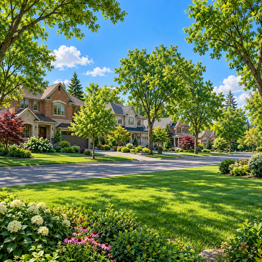 Conceptual illustration of established homes, mature trees and landscaped gardens, inspired by Hunt Club, Ottawa